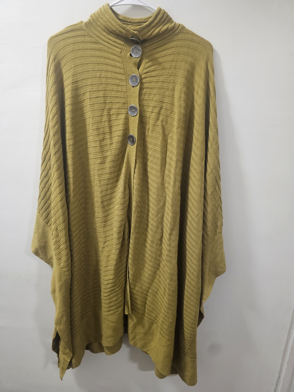 Monroe & Main Mustard Yellow Ribbed Knit Poncho Button Front Mock Neck Cape